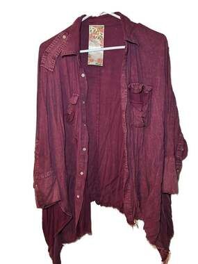 Myrtis Gray Raw Hem Mineral Wash Oversized Dolman Sleeve Button Down Shirt